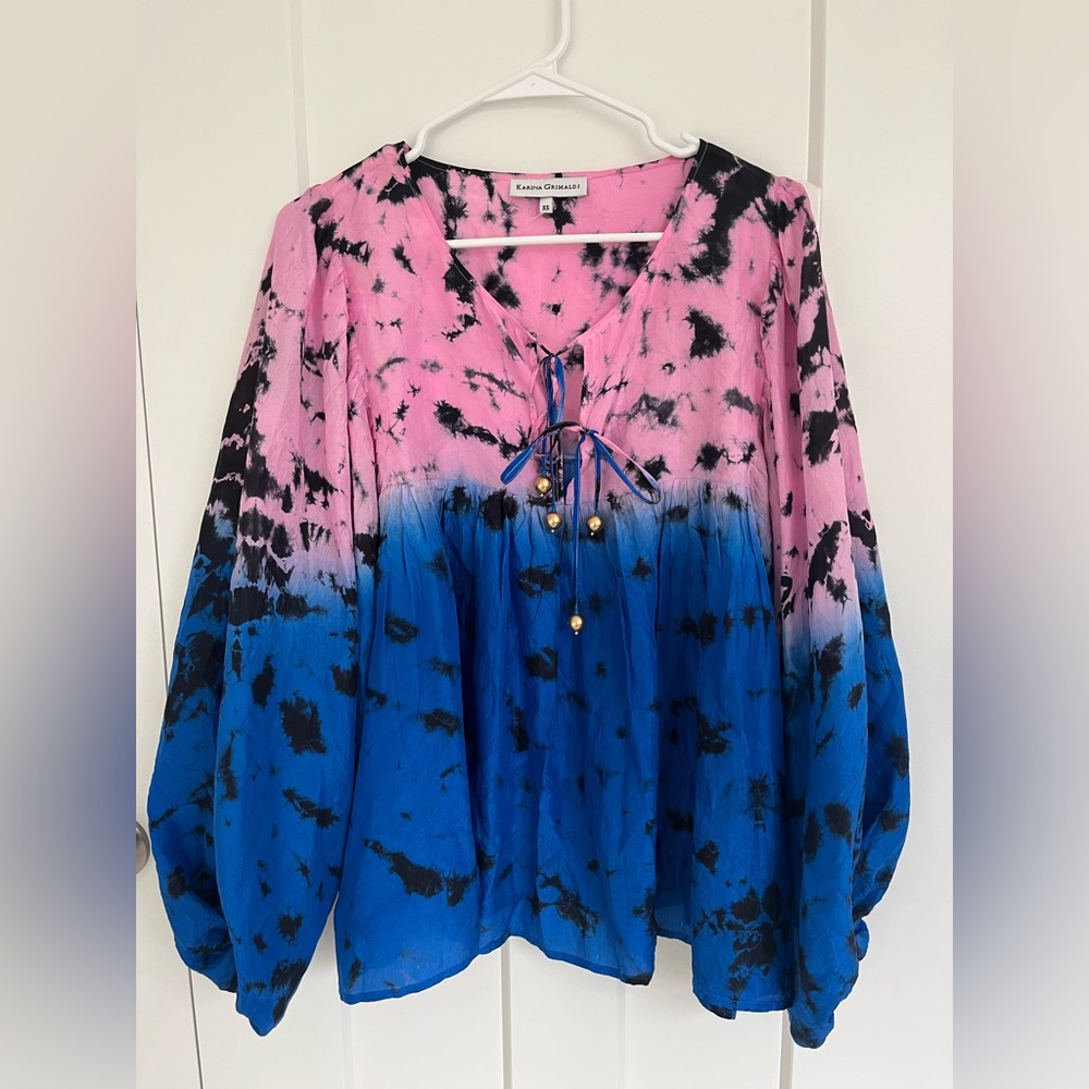 Karina Grimaldi Olga 100% Silk Tie Dye Blouse Pink Blue Long Sleeve Boho XS